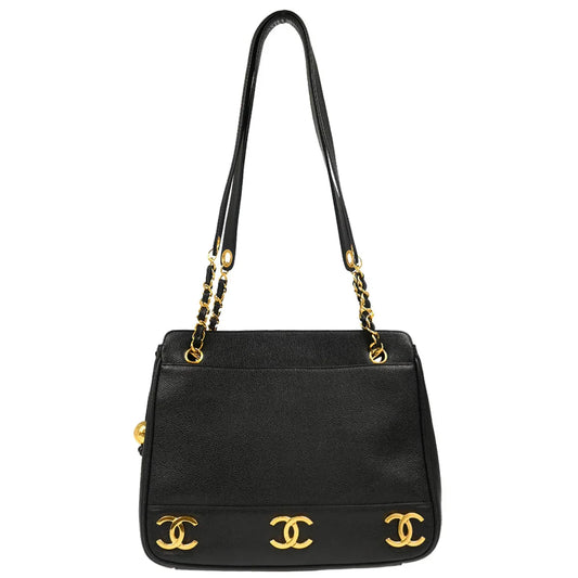 Chanel 1994-1996 Black Caviar Triple CC Shoulder Tote Bag