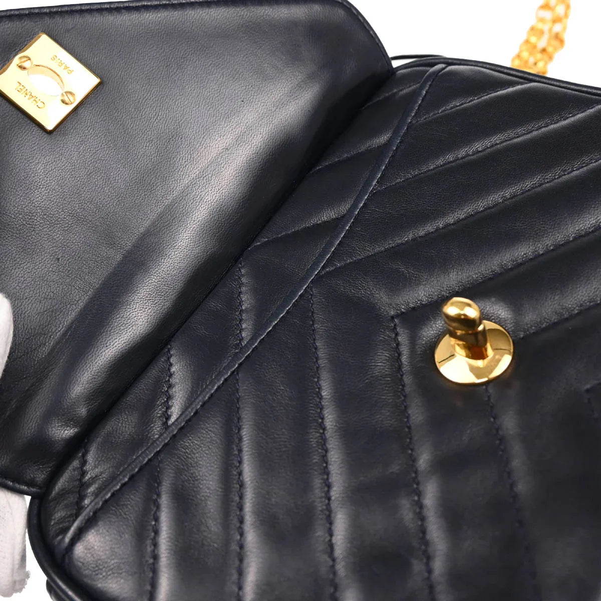 Chanel 1991-1994 Navy Lambskin Chevron Camera Bag Mini