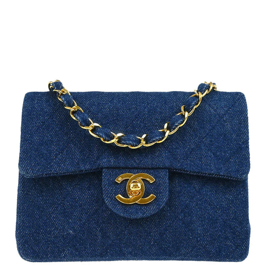 Chanel 1989-1991 Blue Denim Mini Classic Square Flap Shoulder Bag 17