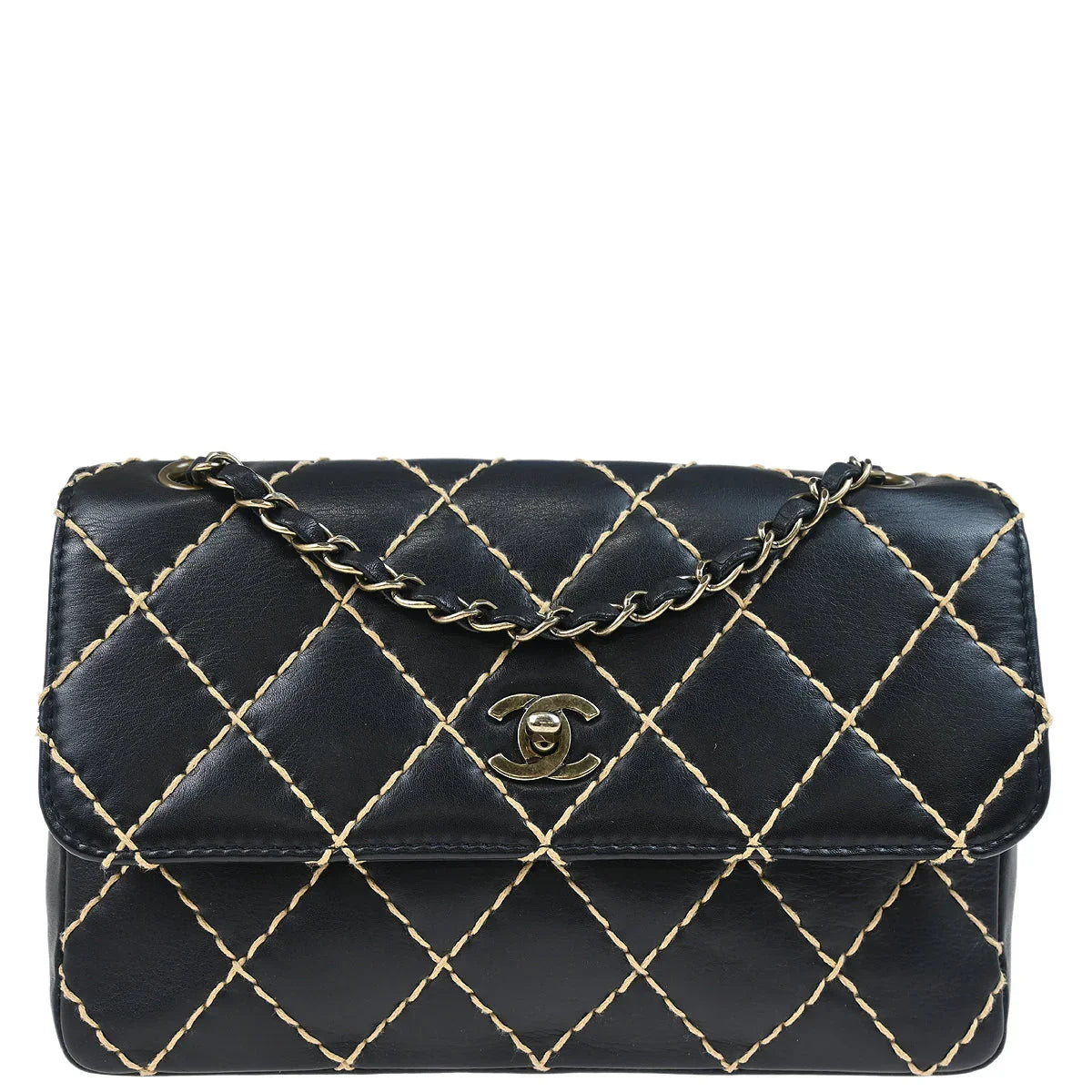 Chanel 2000-2002 Black Calfskin Wild Stitch Single Flap Shoulder Bag