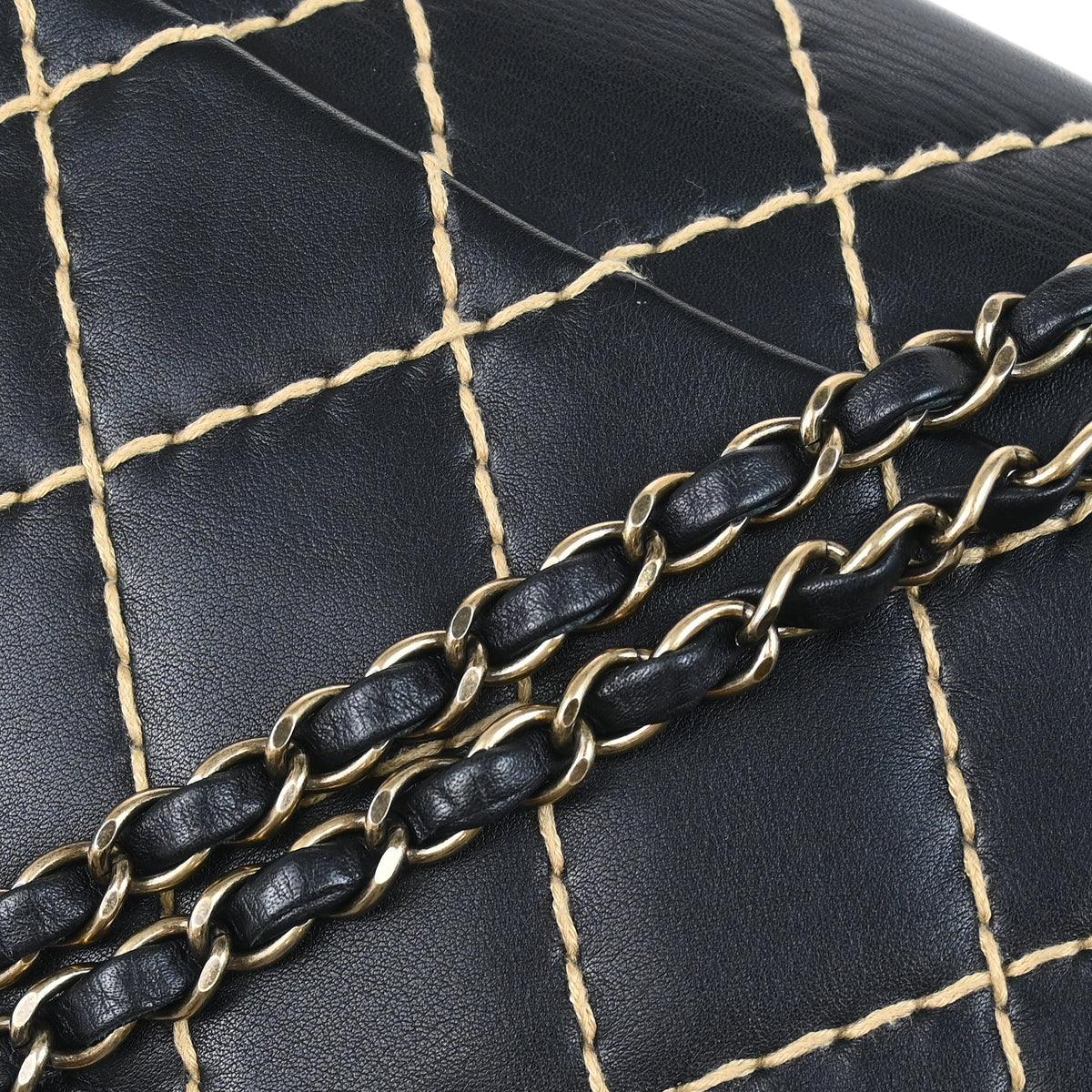 Chanel 2000-2002 Black Calfskin Wild Stitch Single Flap Shoulder Bag