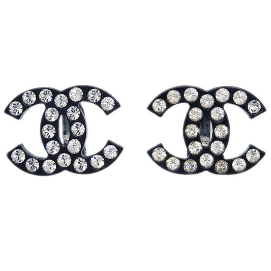 Chanel CC Earrings Clip-On Black Rhinestone 05A