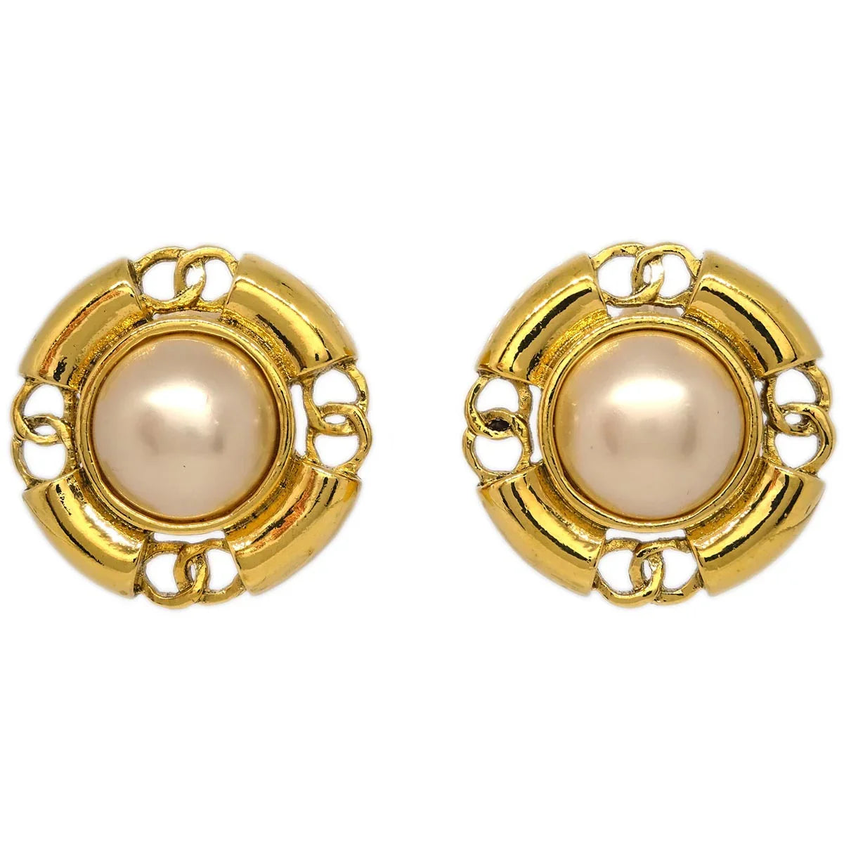 Chanel Earrings Clip-On Button Costume Pearl 93A