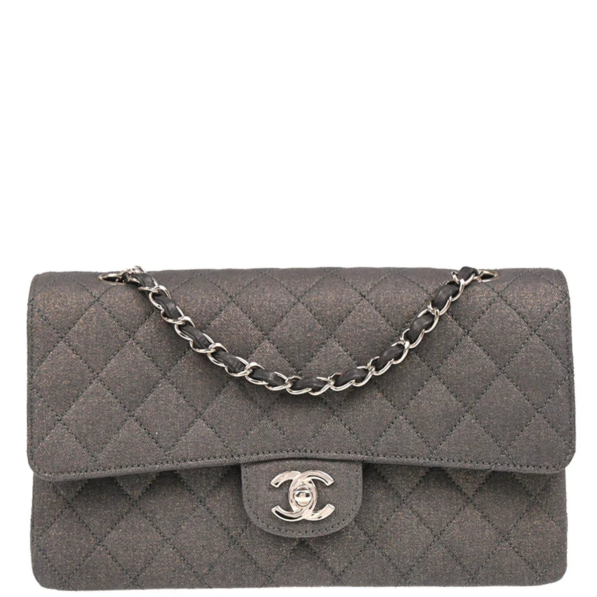 Chanel 2005-2006 Metallic Gray Cotton Medium Classic Double Flap Shoulder Bag