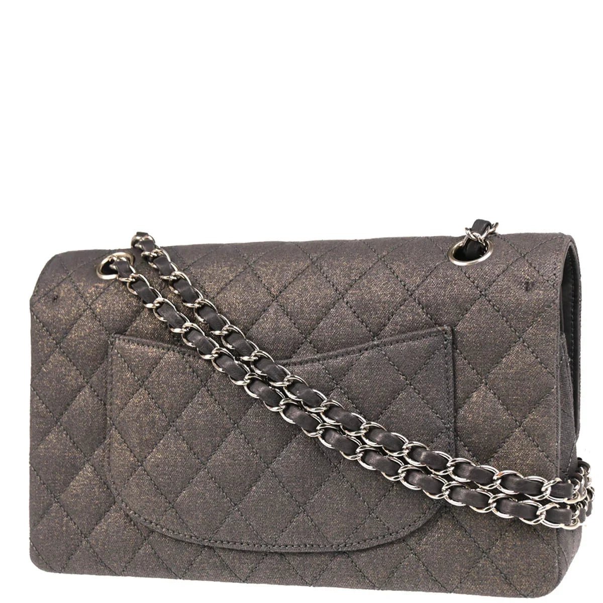 Chanel 2005-2006 Metallic Gray Cotton Medium Classic Double Flap Shoulder Bag