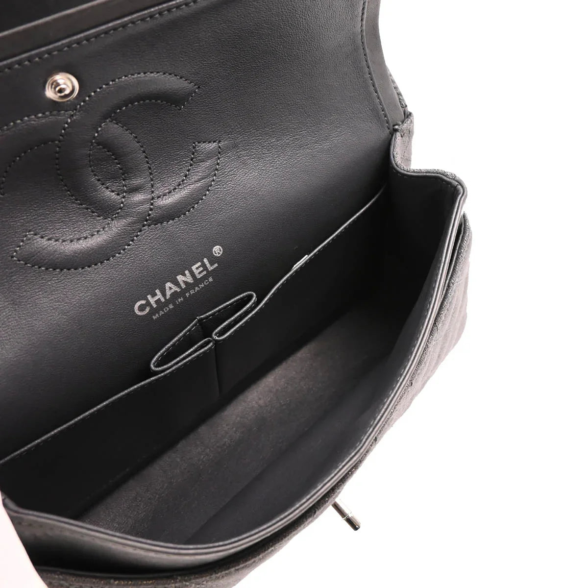 Chanel 2005-2006 Metallic Gray Cotton Medium Classic Double Flap Shoulder Bag