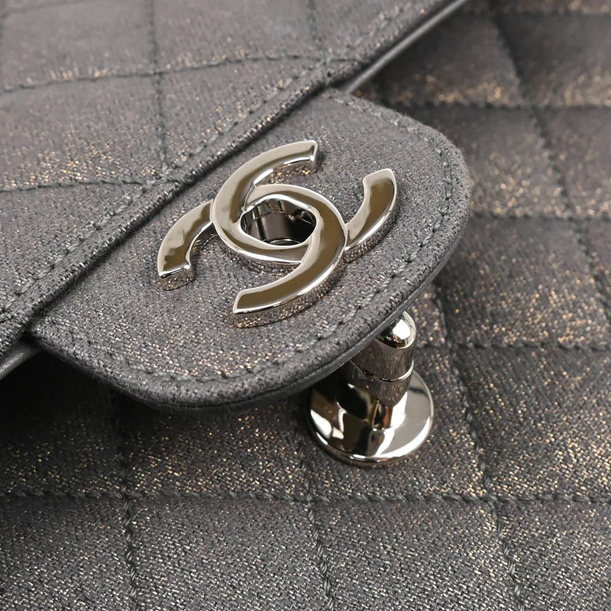 Chanel 2005-2006 Metallic Gray Cotton Medium Classic Double Flap Shoulder Bag