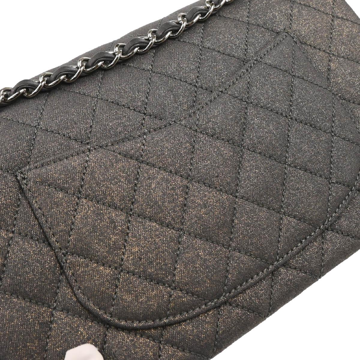 Chanel 2005-2006 Metallic Gray Cotton Medium Classic Double Flap Shoulder Bag