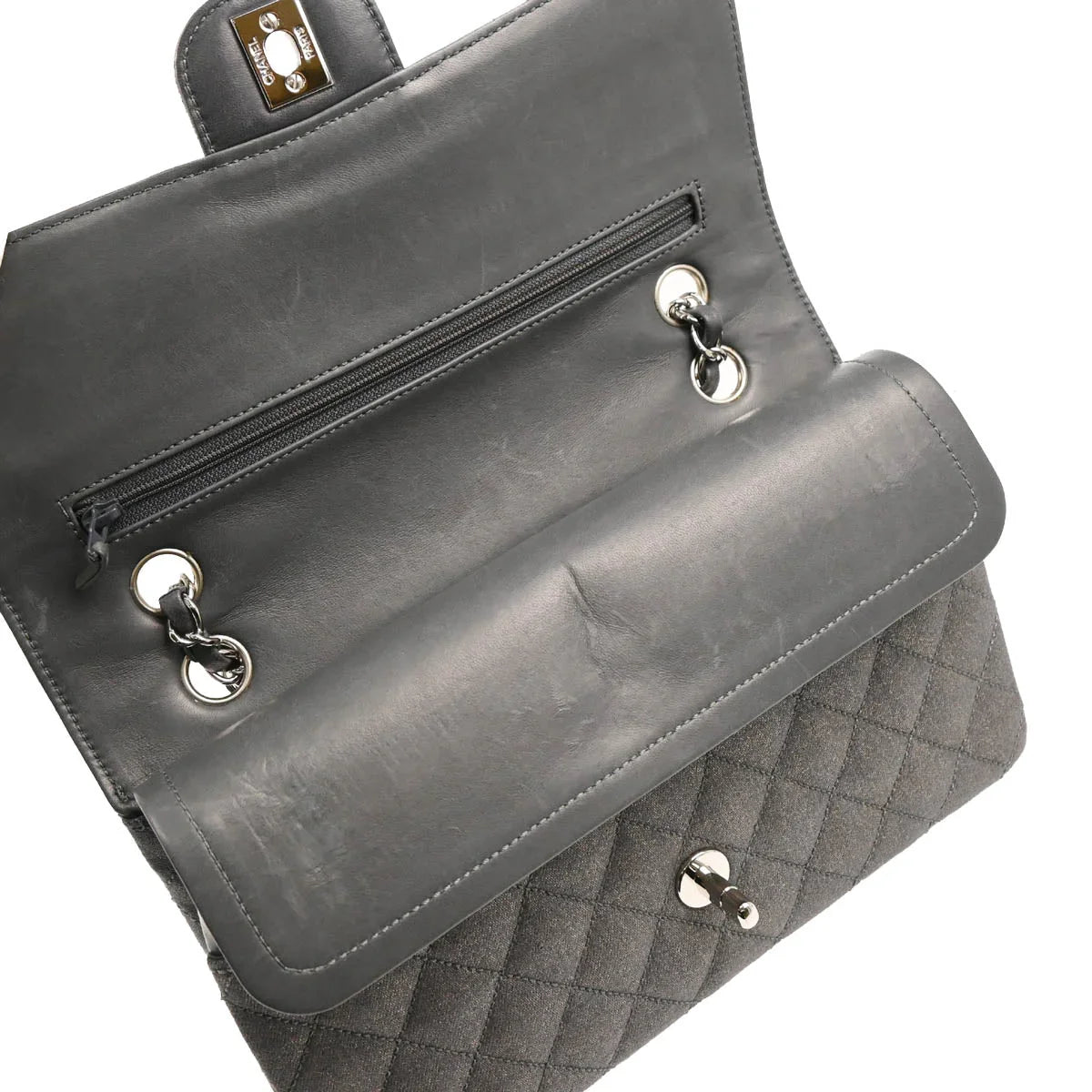 Chanel 2005-2006 Metallic Gray Cotton Medium Classic Double Flap Shoulder Bag