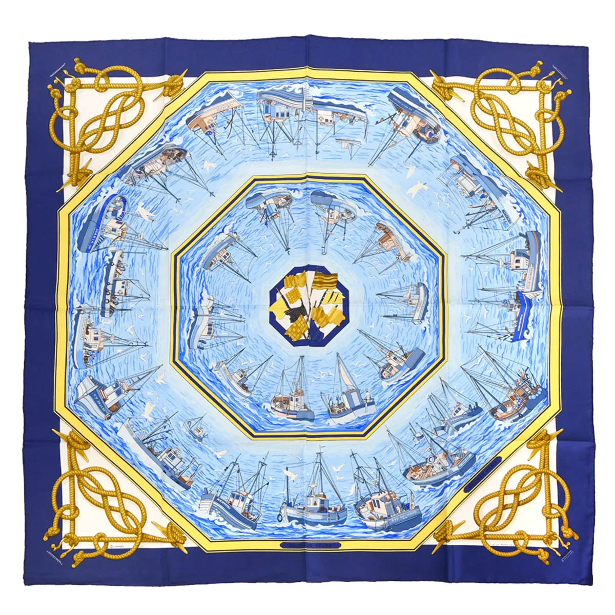 Hermes Scarf Carre 90 Retour de Peche Blue Small Good