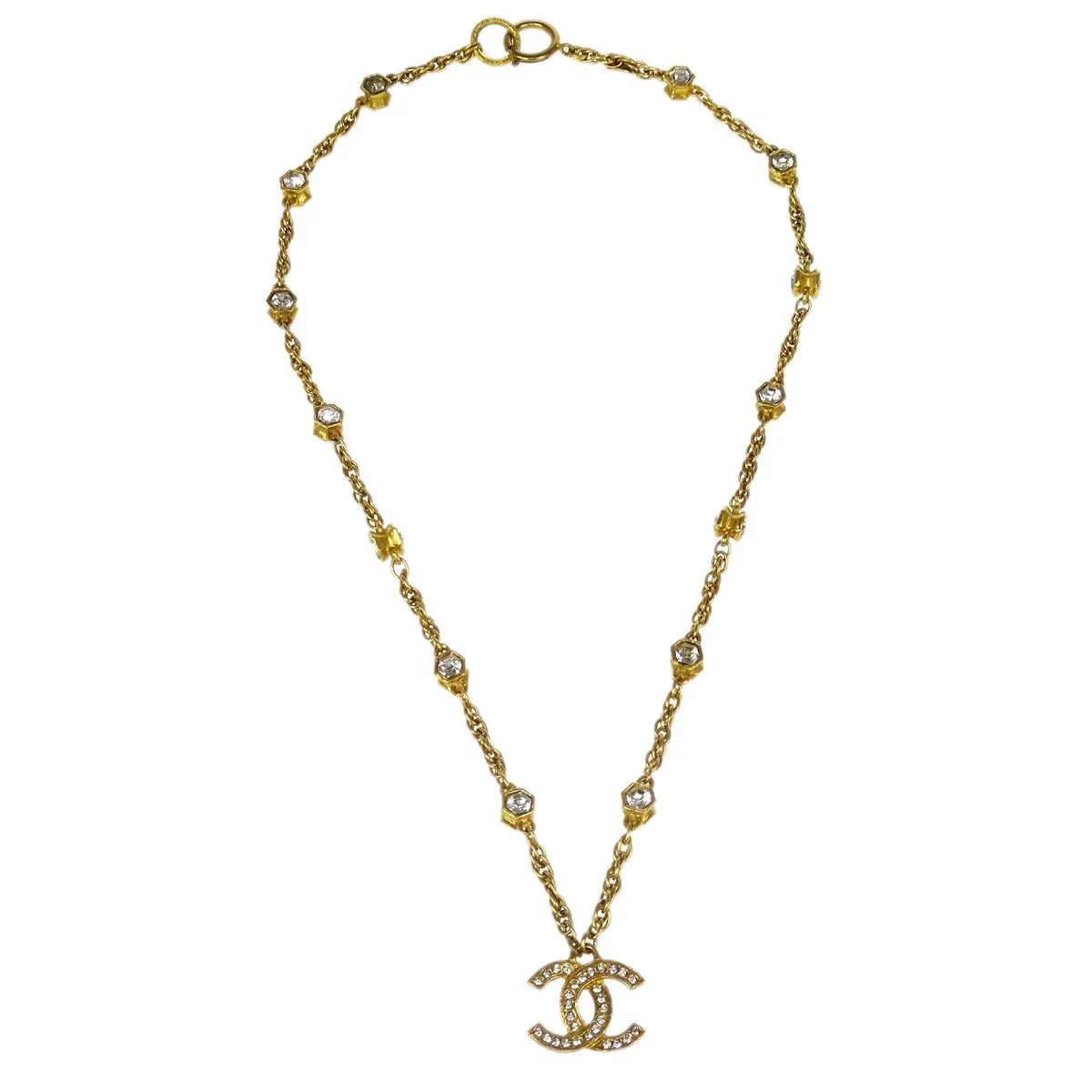 Chanel Gold CC Chain Pendant Necklace Rhinestone