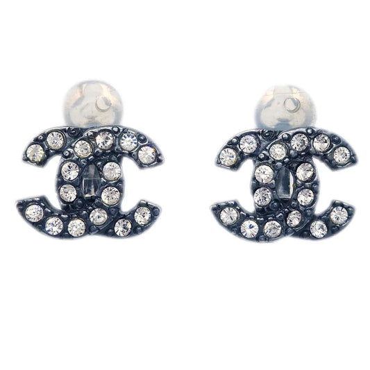 Chanel CC Earrings Clip-On Black Rhinestone 04A