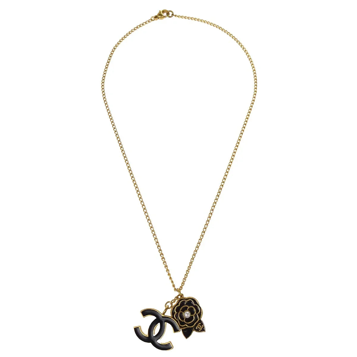 Chanel Gold Camellia Chain Pendant Necklace Costume Pearl 02A