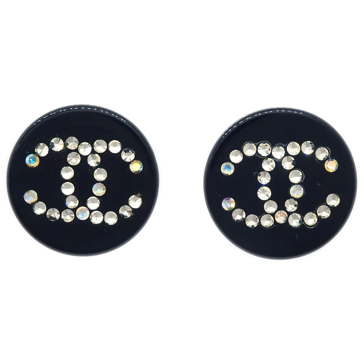 Chanel Button Earrings Clip-On Rhinestone Black 03A