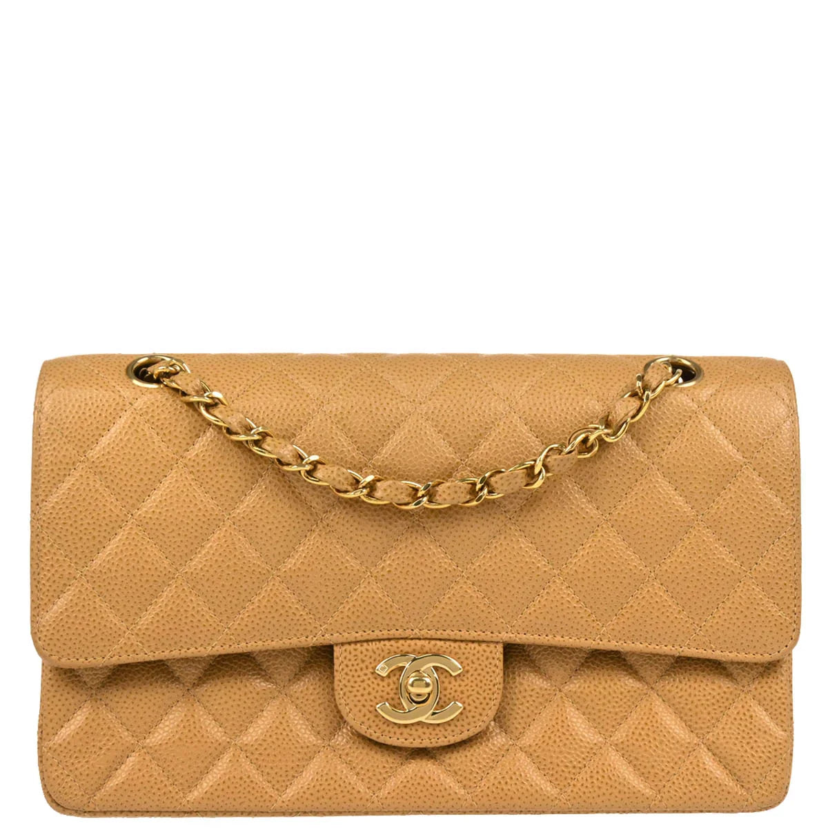 Chanel 2001-2003 Beige Caviar Medium Classic Double Flap Shoulder Bag