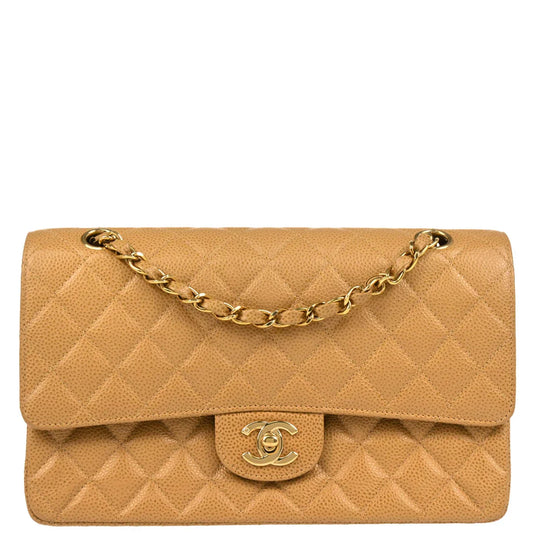 Chanel 2001-2003 Beige Caviar Medium Classic Double Flap Shoulder Bag