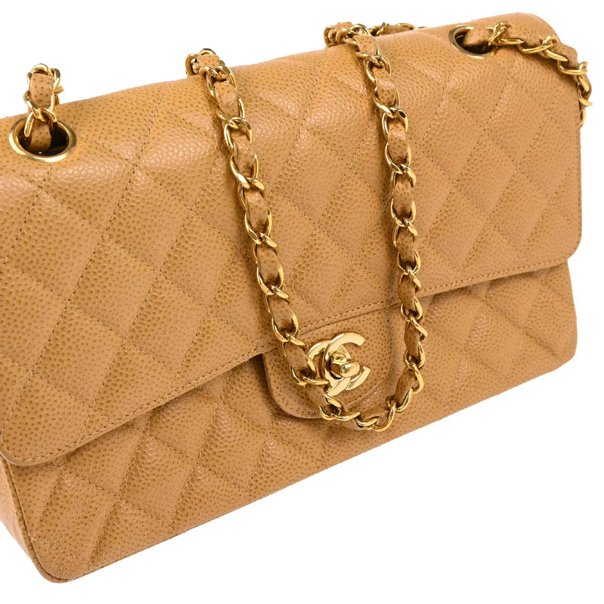 Chanel 2001-2003 Beige Caviar Medium Classic Double Flap Shoulder Bag
