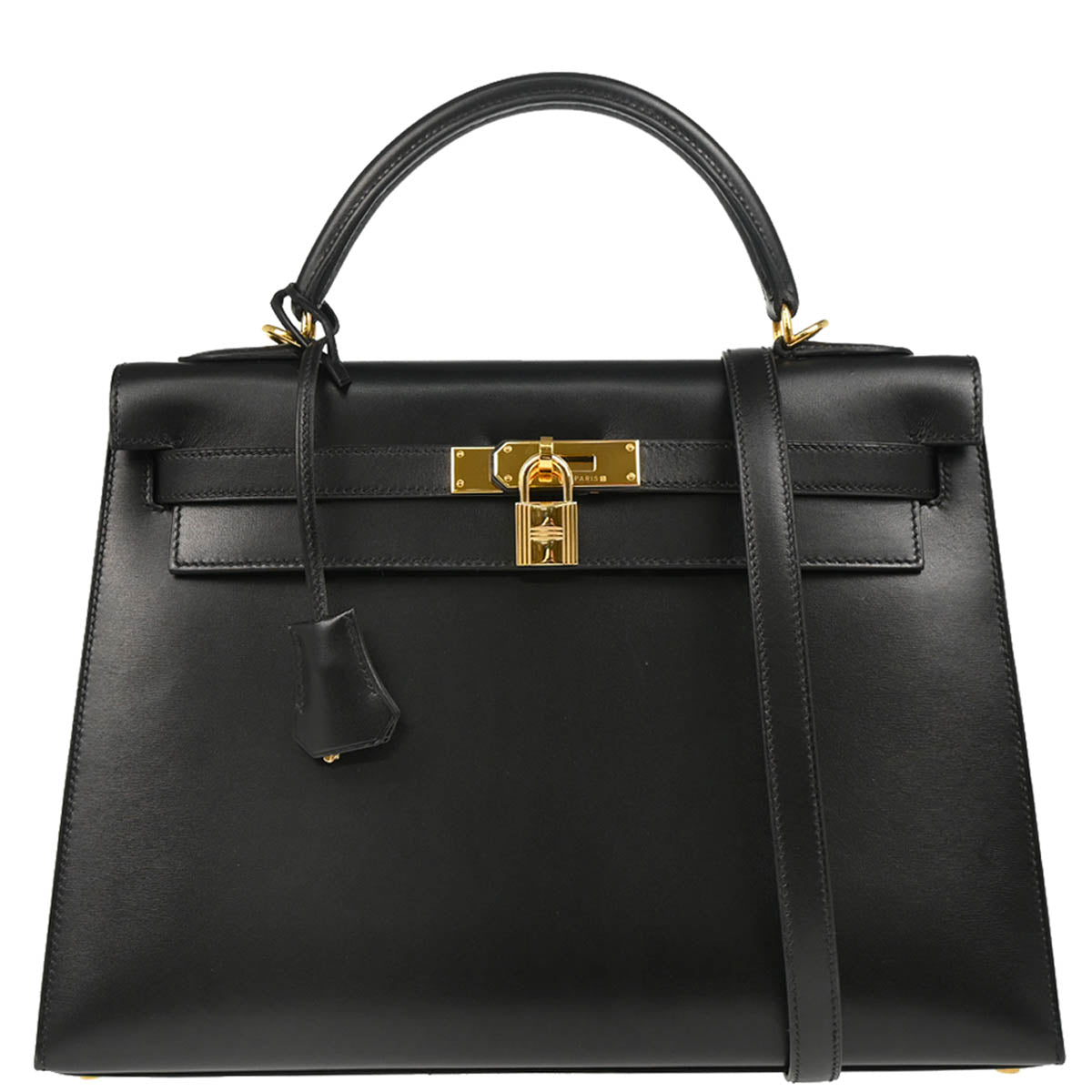 Hermes 2002 Black Box Calf Kelly 32 Sellier 2way Shoulder Handbag