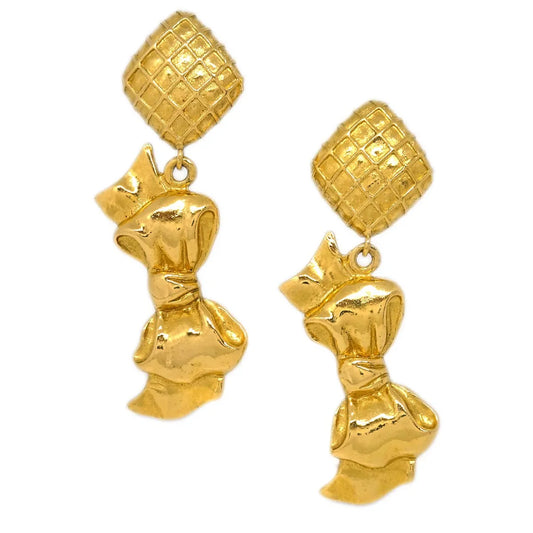 Chanel Bow Rhombus Dangle Earrings Clip-On Gold