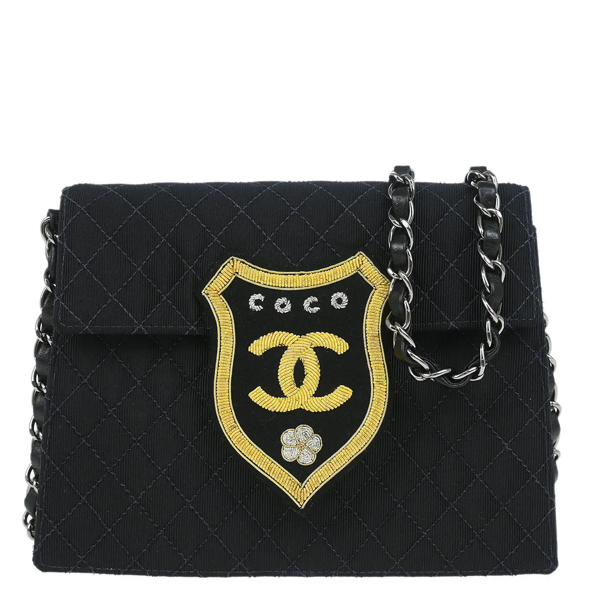 Chanel 2004-2005 Black Canvas Emblem Shoulder Bag