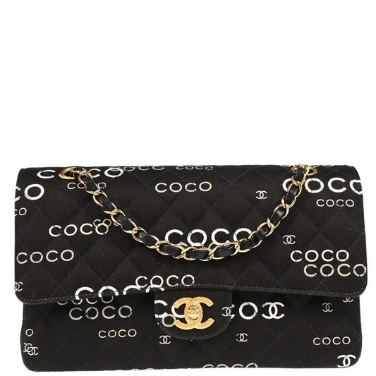 Chanel 2001-2003 Black Canvas COCO Medium Classic Double Flap Shoulder Bag