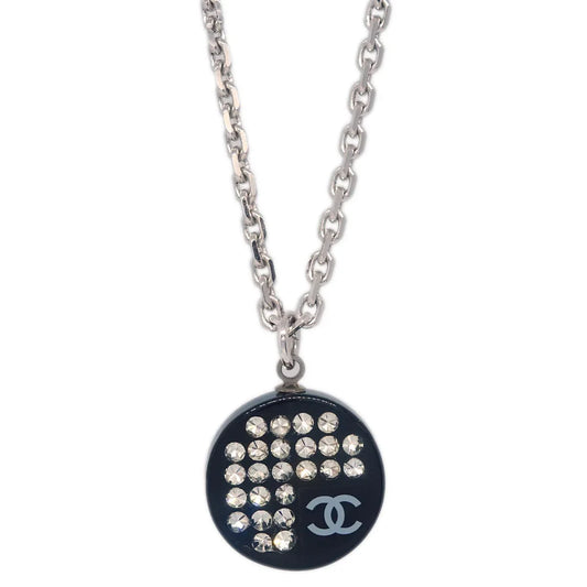 Chanel Medallion Pendant Necklace Rhinestone Silver Black 05P