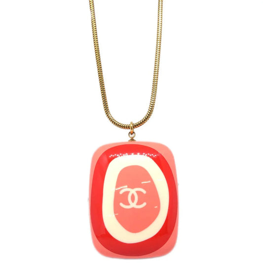 Chanel Gold Pink Acrylic Pendant Necklace 03P