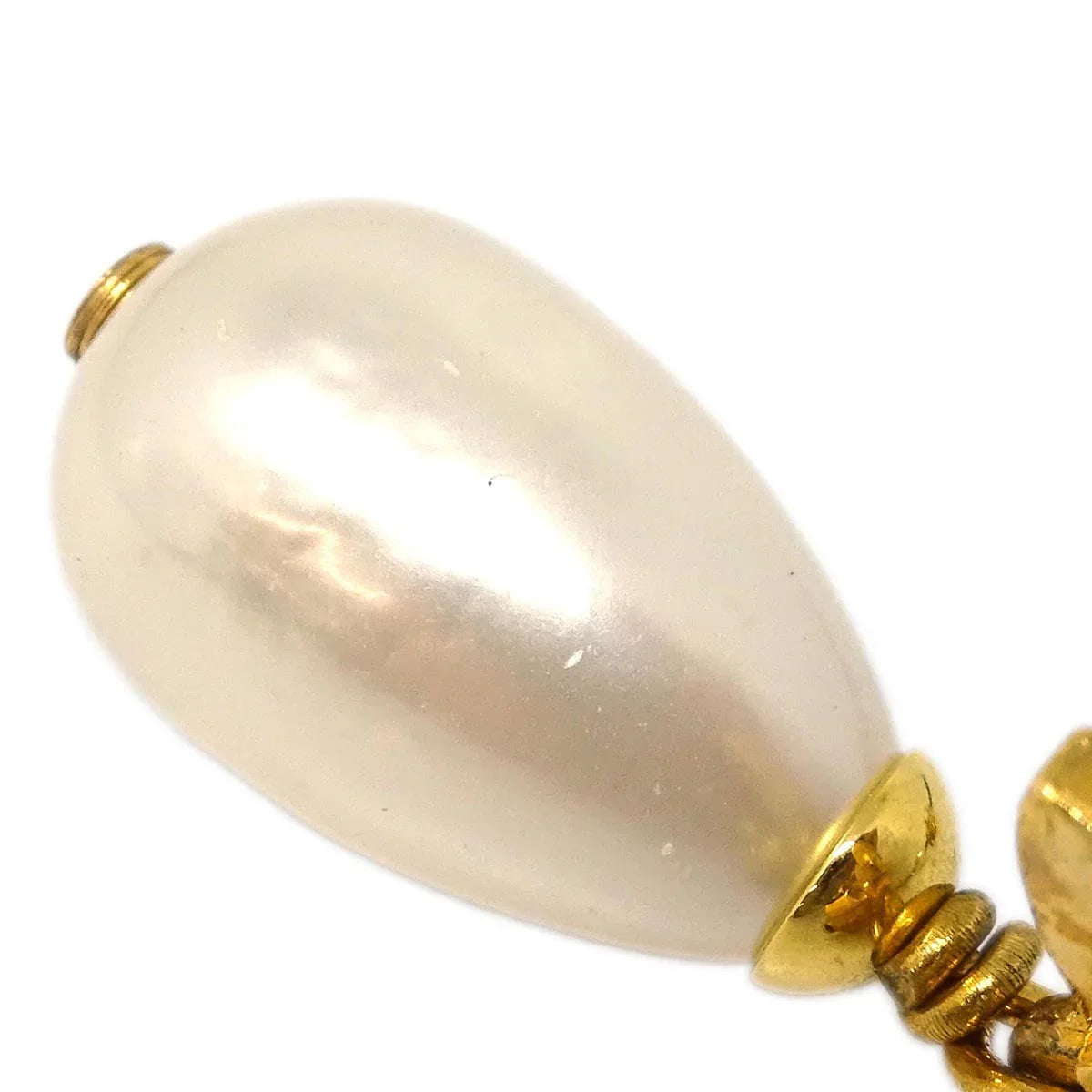 Chanel CC Costume Pearl Dangle Earrings Clip-On Gold 96P