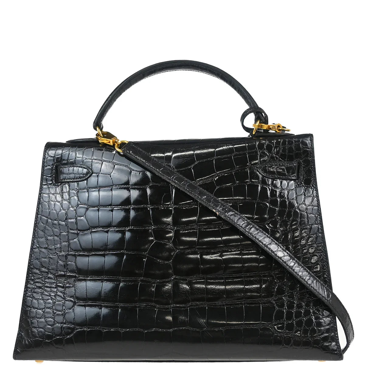 Hermes * 1996 Black Alligator Kelly 32 Sellier Handbag