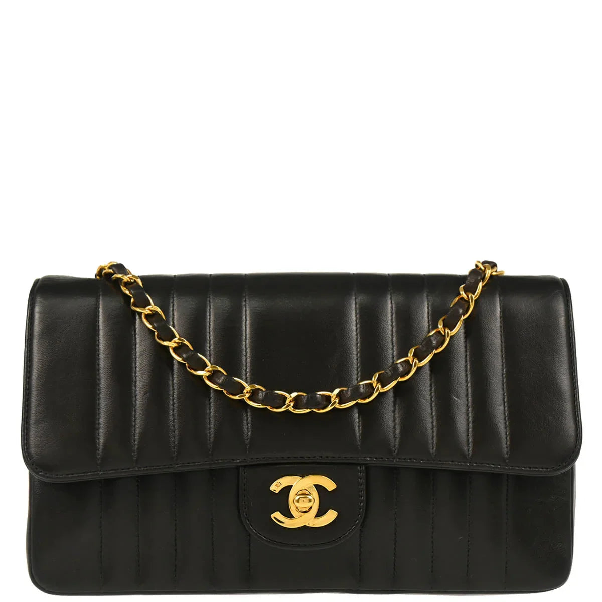 Chanel 1991-1994 Black Lambskin Vertical Stitch Single Flap Shoulder Bag