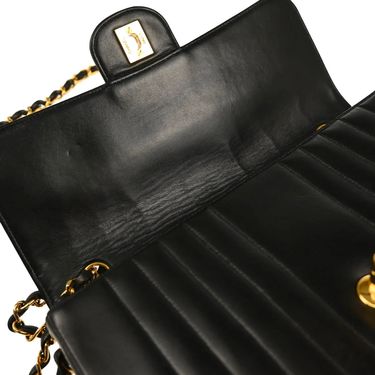 Chanel 1991-1994 Black Lambskin Vertical Stitch Single Flap Shoulder Bag