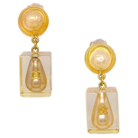 Chanel Dangle Earrings Clip-On Gold Acrylic 97P