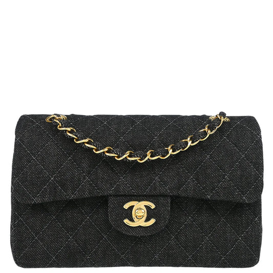 Chanel 1997-1999 Black Denim Small Classic Double Flap Shoulder Bag