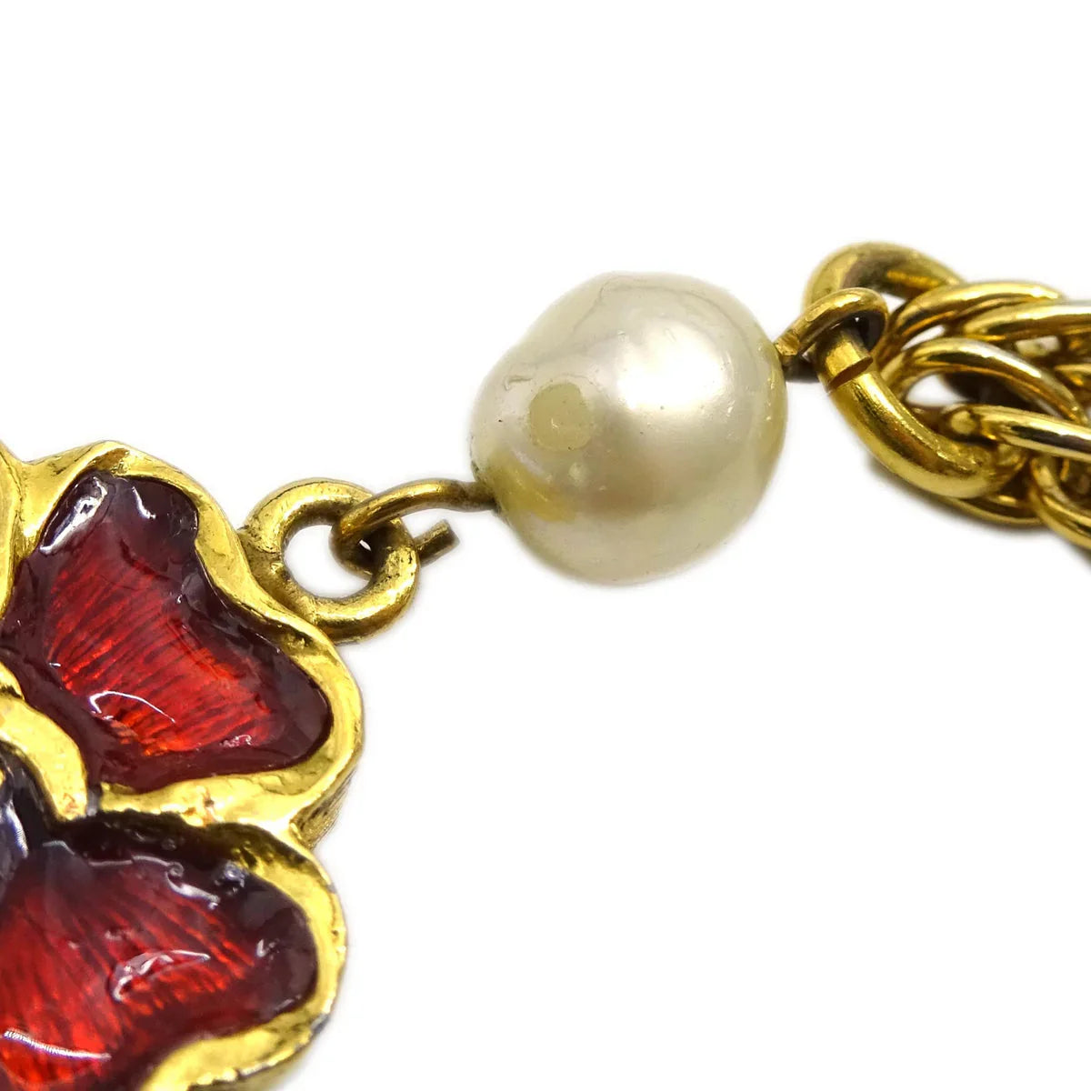 Chanel Clover Chain Necklace Gold Costume Pearl