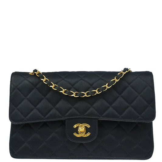 Chanel 1991-1994 Black Satin Medium Classic Double Flap Shoulder Bag