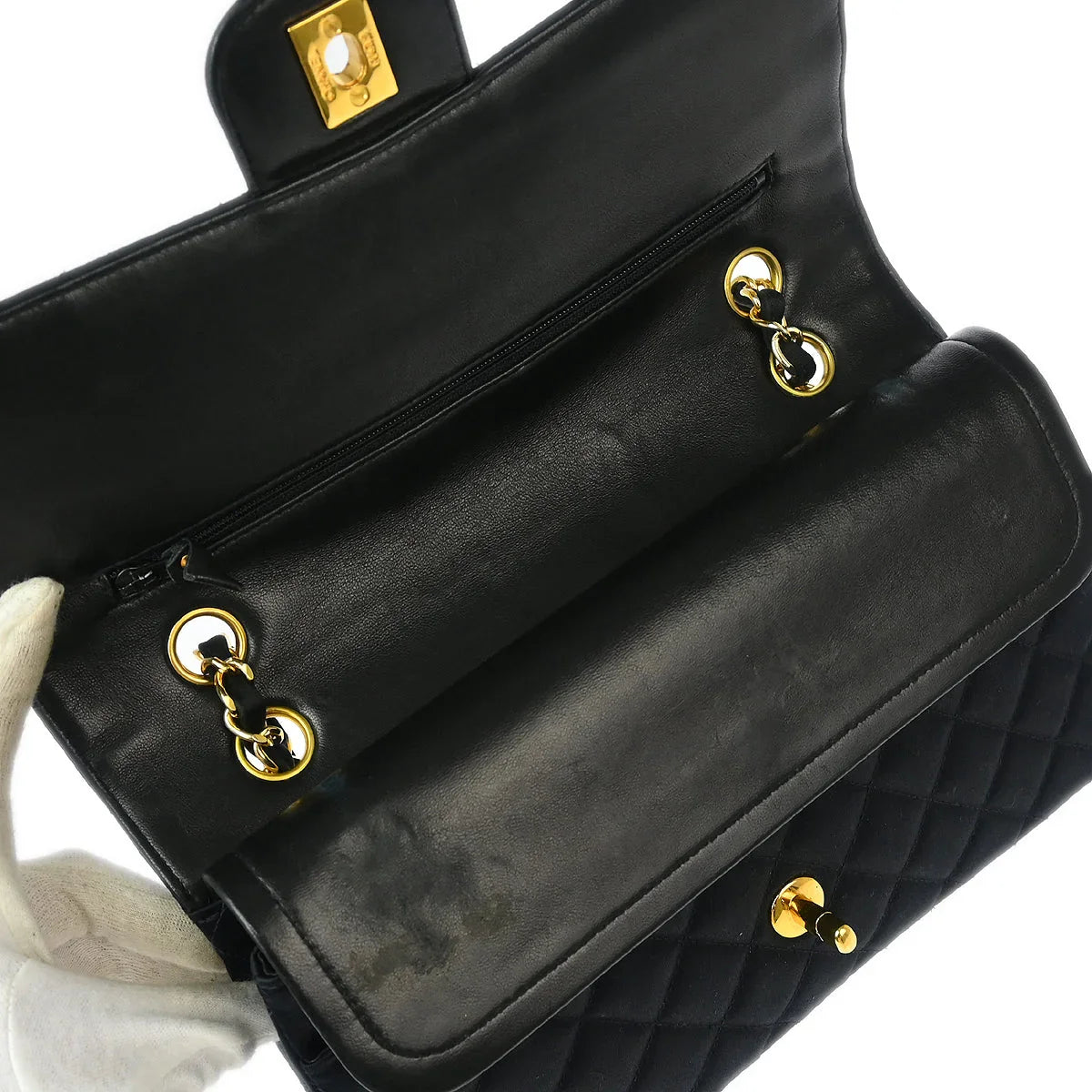 Chanel 1991-1994 Black Satin Medium Classic Double Flap Shoulder Bag