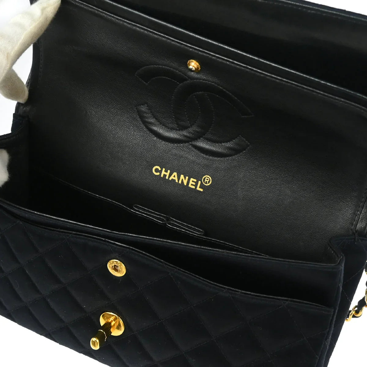 Chanel 1991-1994 Black Satin Medium Classic Double Flap Shoulder Bag