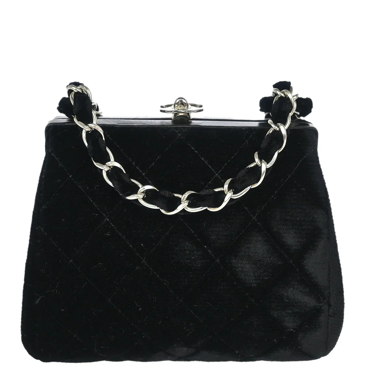 Chanel 1996-1997 Black Velvet Kisslock Chain Shoulder Bag