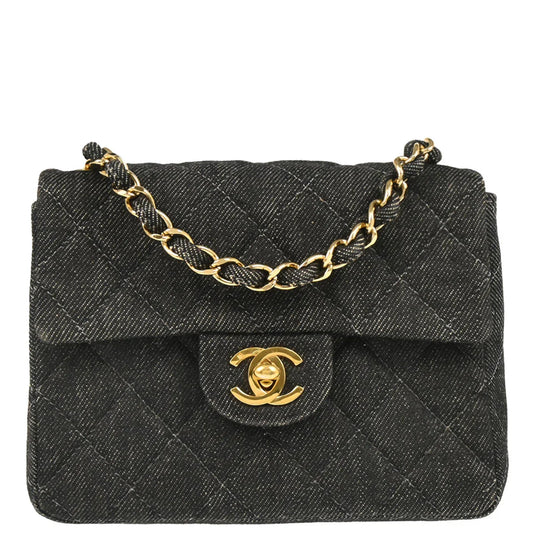 Chanel 1997-1999 Black Denim Mini Classic Square Flap Bag 17