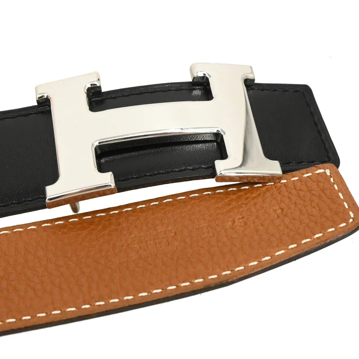 Hermes Black Box Calf Constance Reversible Belt #75 Small Good