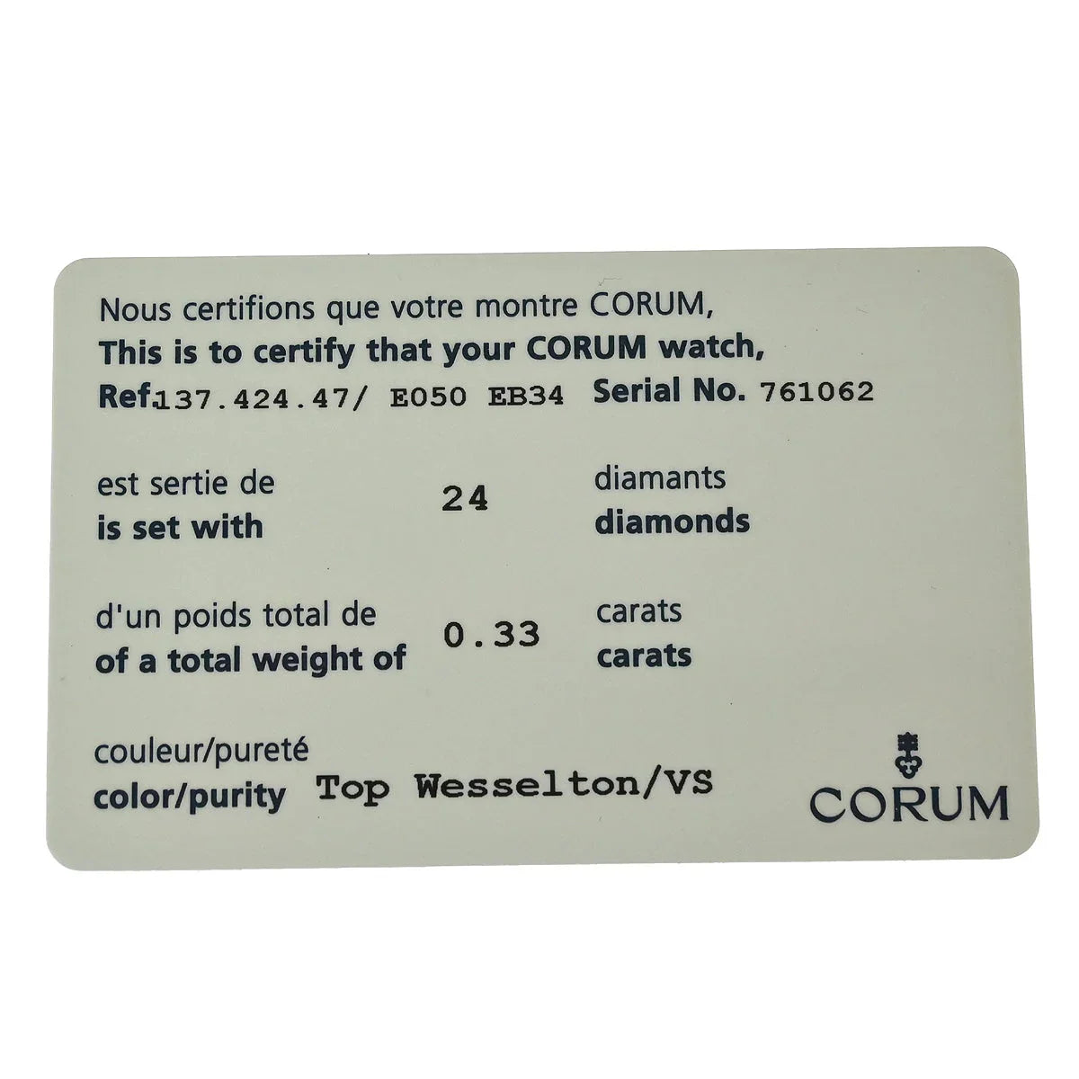 Corum Sugar Cube Ref.137.424.47 Quartz Watc