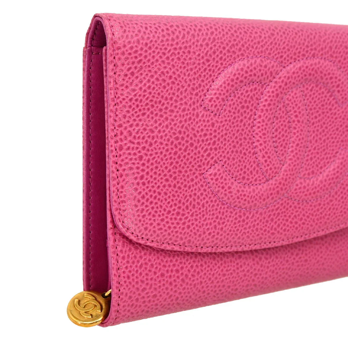 Chanel 1997-1999 Pink Caviar Long Trifold Wallet Purse