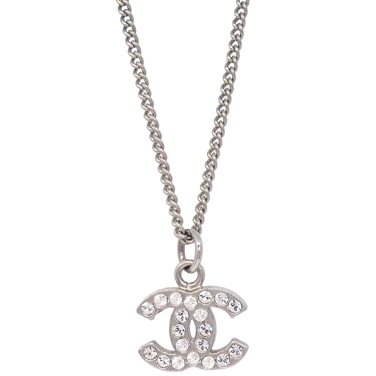 Chanel CC Chain Necklace Pendant Rhinestone Silver 09V