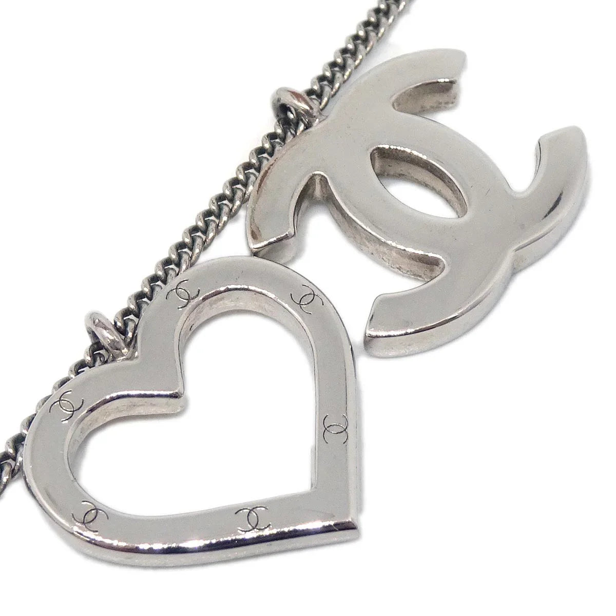 Chanel CC Heart Chain Necklace Silver 04P