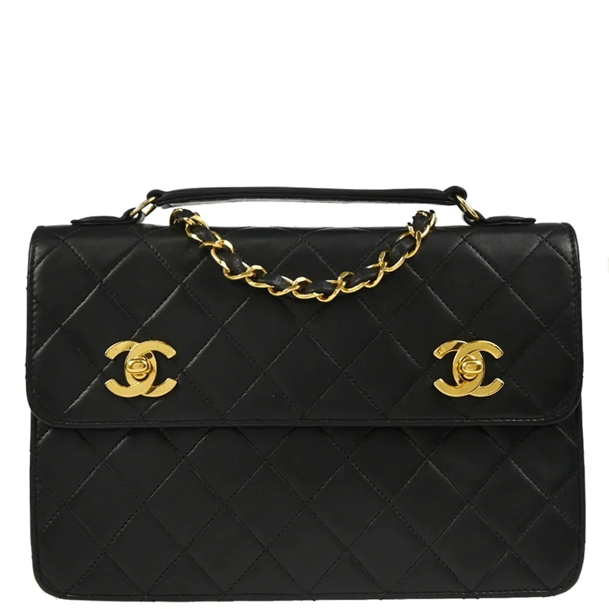 Chanel 1989-1991 Black Lambskin 2way Shoulder Handbag