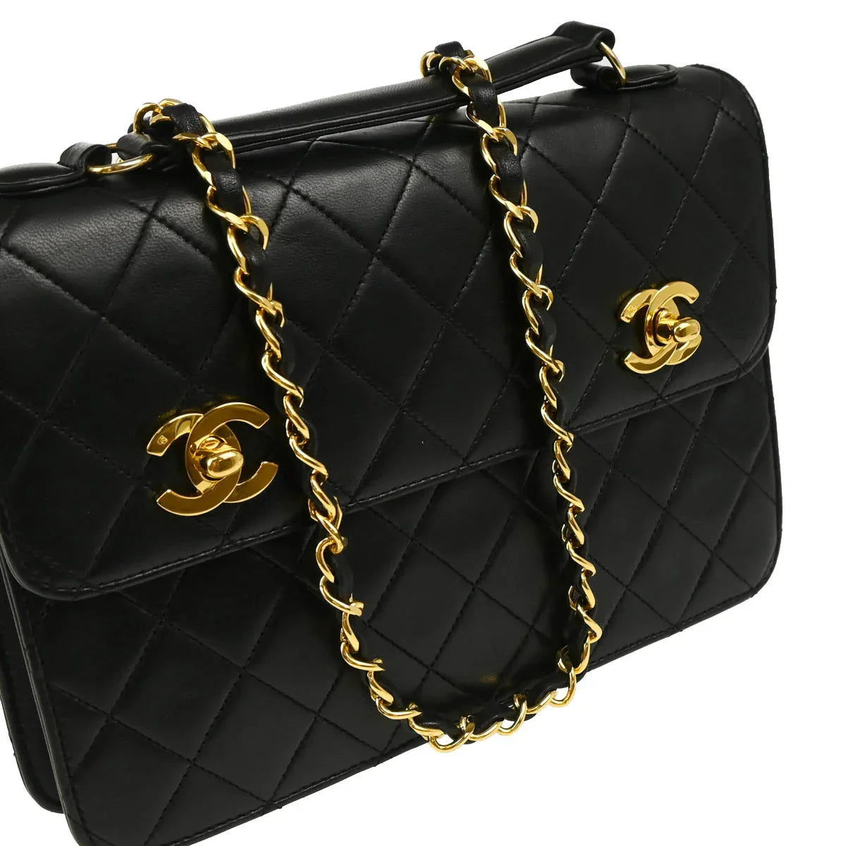 Chanel 1989-1991 Black Lambskin 2way Shoulder Handbag