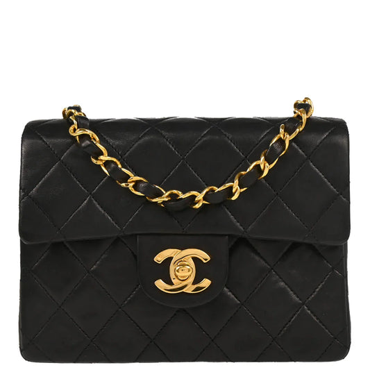 Chanel 1989-1991 Black Lambskin Mini Classic Square Flap Shoulder Bag
