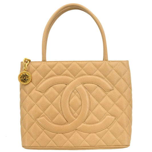 Chanel 2002-2003 Beige Caviar Medallion Tote Handbag