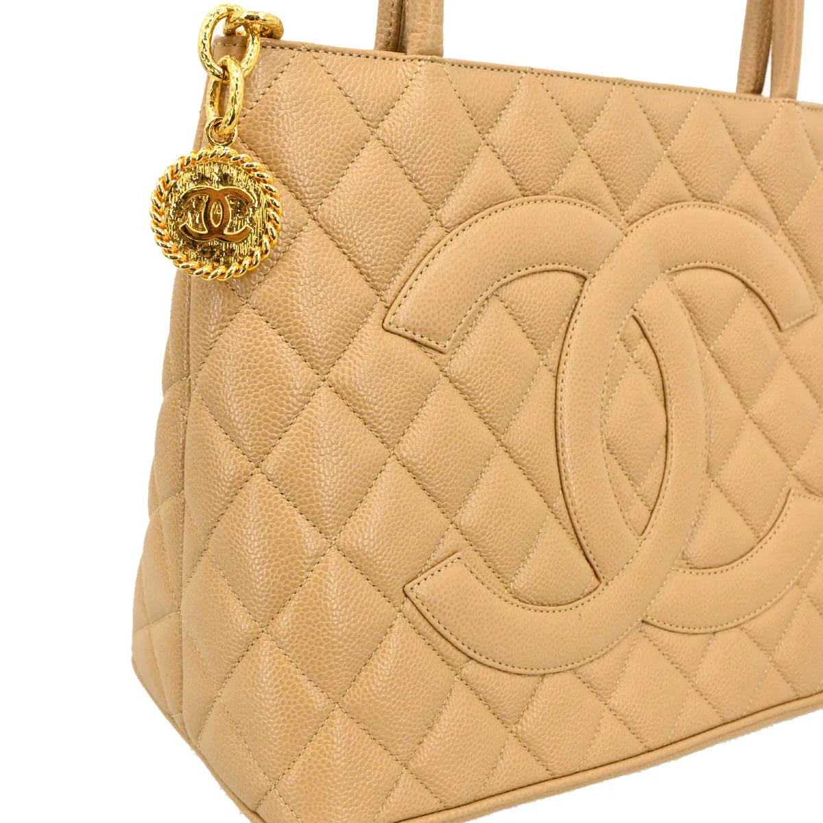 Chanel 2002-2003 Beige Caviar Medallion Tote Handbag