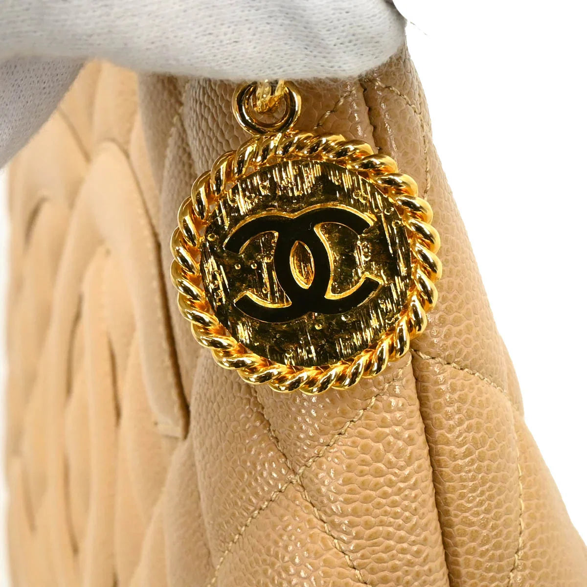 Chanel 2002-2003 Beige Caviar Medallion Tote Handbag